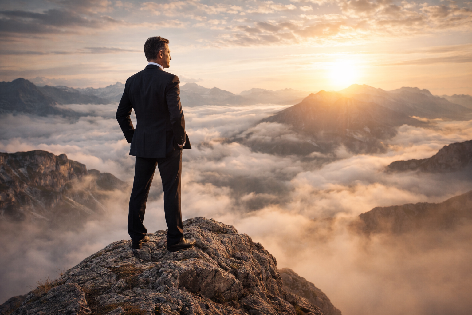 Dirigeant debout face à l’horizon montagneux symbolisant la résilience, la clarté mentale et la capacité à transformer les défis en opportunités.