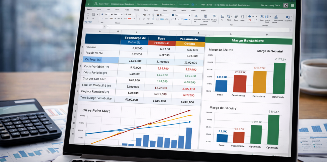 Tableau Excel de point mort avec analyse multi-scénarios et dashboard de pilotage de la rentabilité affiché sur ordinateur portable.
