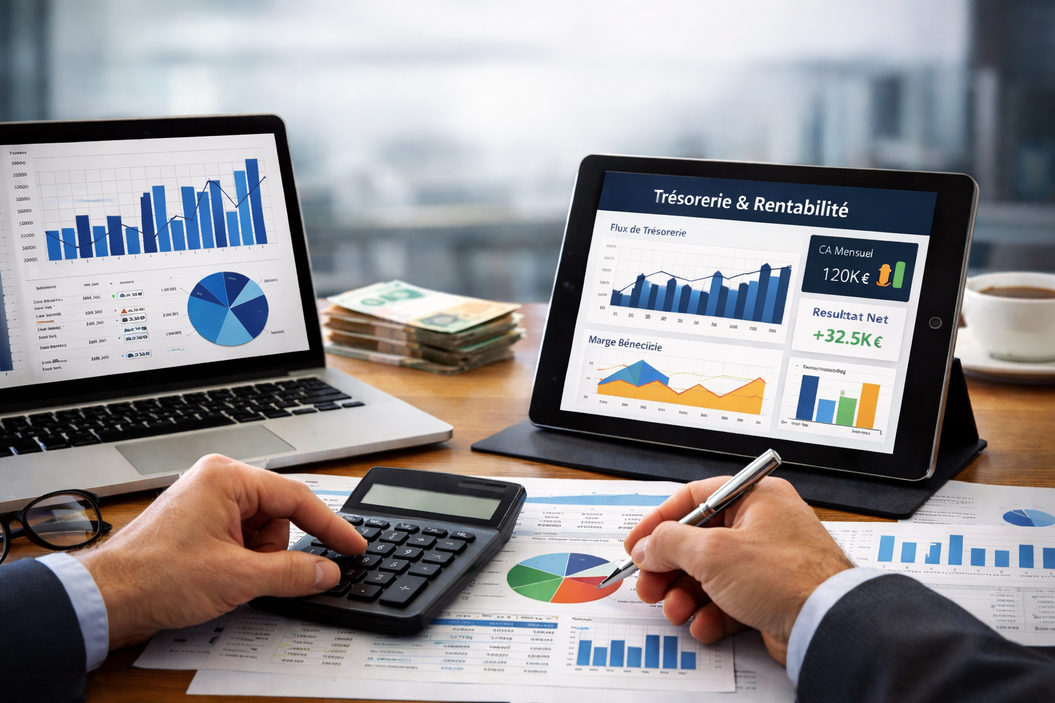 Analyse de pilotage financier avec tableaux de bord de trésorerie et de rentabilité sur ordinateur et tablette, dans un environnement professionnel.