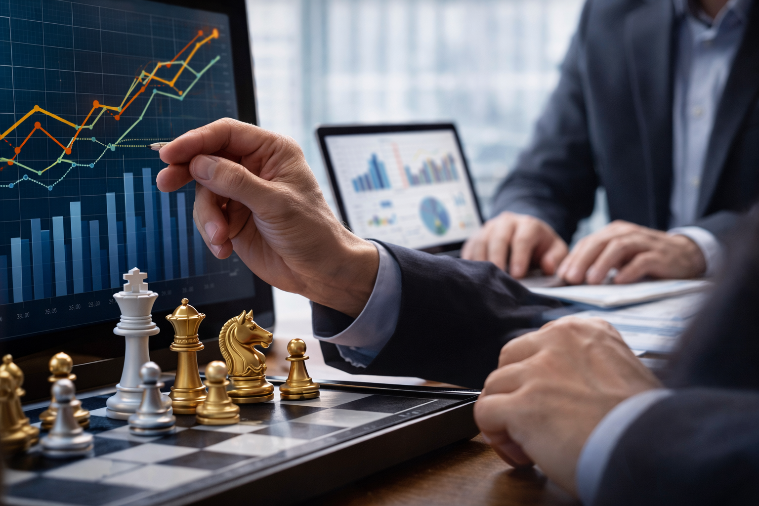 Analyse stratégique agile avec tableaux de bord de marché et jeu d’échecs symbolisant l’anticipation et la prise d’avantage concurrentiel.