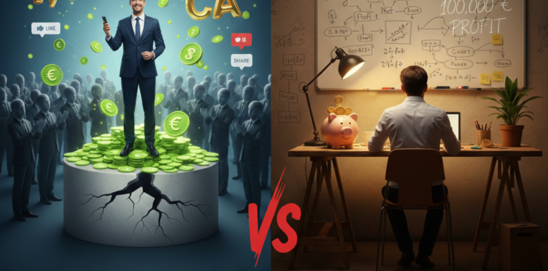 Infographie comparant une entreprise avec un gros chiffre d'affaires fragile et une entreprise rentable avec un profit solide. Texte : Pourquoi votre CA vous ment.