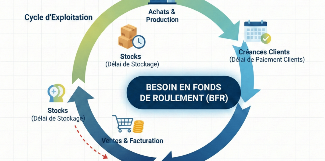 Infographie complète du cycle d'exploitation et calcul du BFR (Besoin en Fonds de Roulement) par NexPilot Finance.
