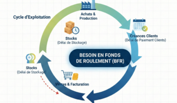 Infographie complète du cycle d'exploitation et calcul du BFR (Besoin en Fonds de Roulement) par NexPilot Finance.