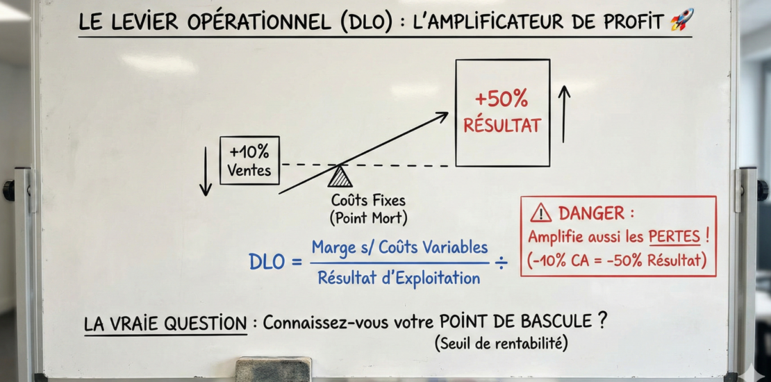 Schéma sur tableau blanc expliquant le Levier Opérationnel (DLO). Illustration de l'effet levier où une hausse de 10% des ventes entraîne une hausse de 50% du résultat grâce aux coûts fixes. Inclut la formule de calcul : Marge sur Coûts Variables divisée par Résultat d'Exploitation.