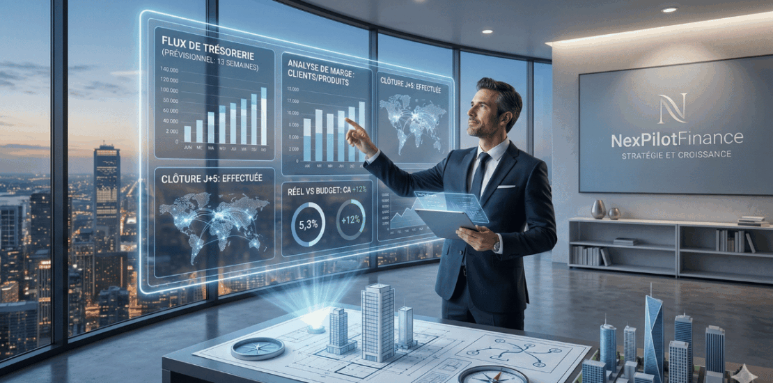 Analyse de données financières et de trésorerie sur des interfaces numériques avancées avec logo NexPilotFinance.