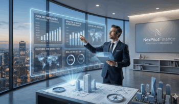 Analyse de données financières et de trésorerie sur des interfaces numériques avancées avec logo NexPilotFinance.