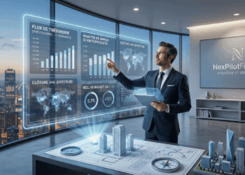 Analyse de données financières et de trésorerie sur des interfaces numériques avancées avec logo NexPilotFinance.