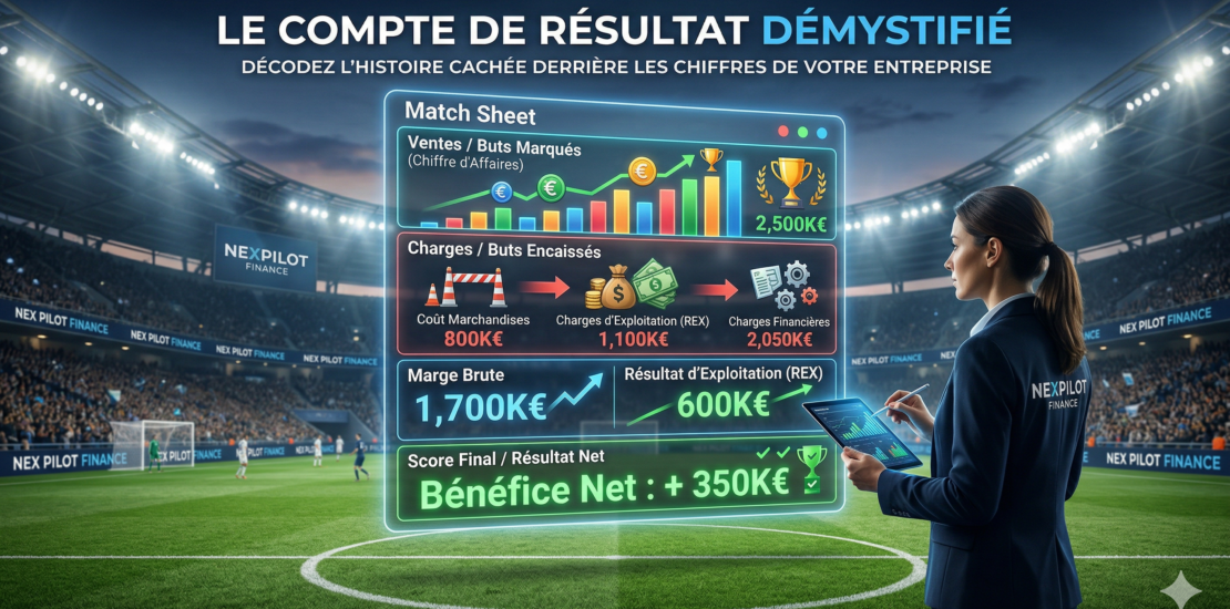 Une femme d'affaires de NexPilot Finance se tient dans un stade de football éclairé à la tombée de la nuit, regardant une grande fenêtre holographique interactive. L'hologramme est intitulé "Match Sheet" et décompose visuellement un compte de résultat complet en termes de football : "Ventes / Buts Marqués" (graphique montant, 2 500 k€), "Charges / Buts Encaissés" (flux décomposé en coût marchandises, charges d'exploitation REX, et charges financières), "Marge Brute" (1 700 k€), "Résultat d'Exploitation (REX)" (600 k€), et "Score Final / Résultat Net" (Bénéfice Net : + 350 k€). Le titre en haut de l'image dit "LE COMPTE DE RÉSULTAT DÉMYSTIFIÉ" et "DÉCODEZ L'HISTOIRE CACHÉE DERRIÈRE LES CHIFFRES DE VOTRE ENTREPRISE". Les banderoles du stade affichent "NEX PILOT FINANCE". La femme tient une tablette.