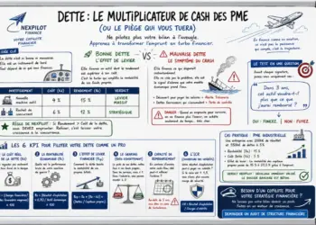 Infographie sur le tableau blanc expliquant le concept de la dette pour les PME. Le titre principal est « DETTE : LE MULTIPLICATEUR DE CASH DES PME (OU LE PIÈGE QUI VOUS TUERA) ». Le diagramme compare la bonne dette (effet de levier pour l