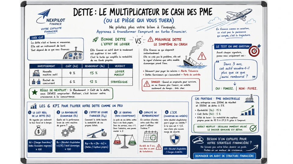 Infographie sur le tableau blanc expliquant le concept de la dette pour les PME. Le titre principal est « DETTE : LE MULTIPLICATEUR DE CASH DES PME (OU LE PIÈGE QUI VOUS TUERA) ». Le diagramme compare la bonne dette (effet de levier pour l'investissement) et la mauvaise dette (symptôme de krach pour les dépenses de fonctionnement). Il comprend un tableau comparatif d'investissements (levier massif vs stratégique), une section sur les 6 KPI clés pour piloter la dette (Coût Réel, Rentabilité Économique, Effet de Levier Financier, Gearing, Capacité de Remboursement, ICR), un cas pratique pour une PME industrielle avec calculs financiers et une section de test pour évaluer la décision d'emprunt. L'image présente des logos et l'icône « Votre Copilote Financier ».