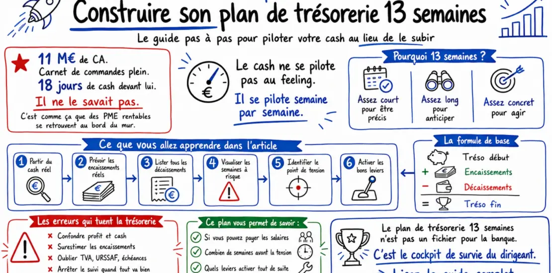 Infographie style doodle résumant le Guide Opérationnel pour construire son plan de trésorerie 13 semaines pas à pas pour les dirigeants de PME. Elle illustre les bénéfices de la méthode, les 6 étapes de pilotage du cash réels, la formule de base et les erreurs fatales à éviter (confondre profit et cash). Conçu comme le cockpit de survie du dirigeant.