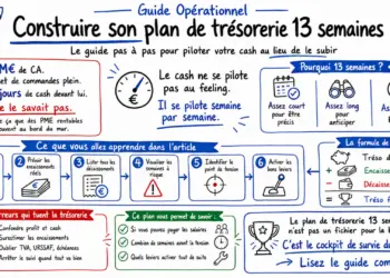 Infographie style doodle résumant le Guide Opérationnel pour construire son plan de trésorerie 13 semaines pas à pas pour les dirigeants de PME. Elle illustre les bénéfices de la méthode, les 6 étapes de pilotage du cash réels, la formule de base et les erreurs fatales à éviter (confondre profit et cash). Conçu comme le cockpit de survie du dirigeant.