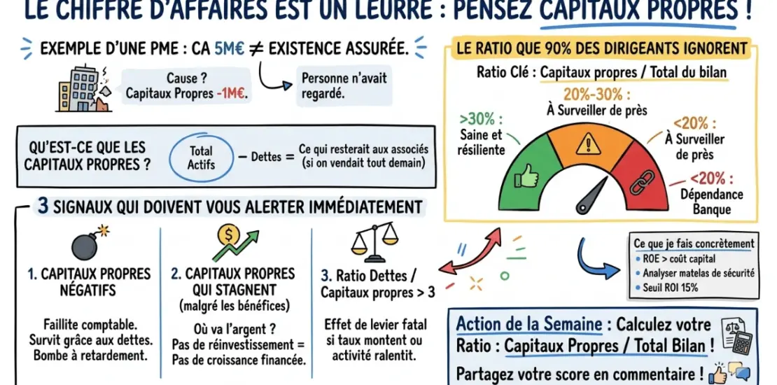 Photographie d'un tableau blanc lors d'une présentation financière. Le texte explique pourquoi « Le chiffre d'affaires est un leurre » et se concentre sur l'importance des capitaux propres d'une PME. Il détaille trois signaux d'alerte, incluant les capitaux propres négatifs et un ratio Dettes/Capitaux propres supérieur à 3. Un ratio clé (Capitaux propres / Total du bilan) est présenté pour évaluer si l'entreprise est saine (> 30%), à surveiller (20-30%) ou en danger (< 20%). Des actions concrètes sont proposées pour analyser votre bilan. Les hashtags #Finance et #PME sont visibles.