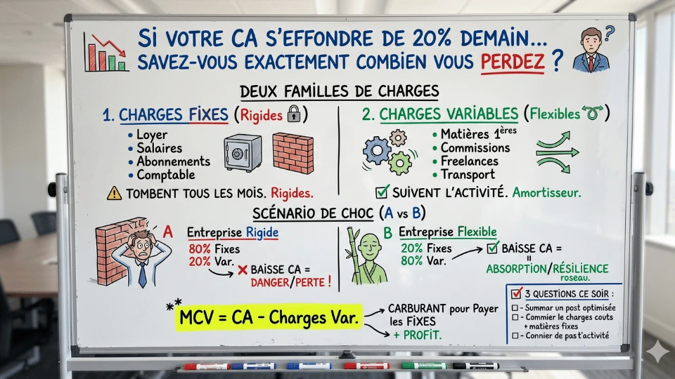 charges variables flexibles pour évaluer la résilience d'une entreprise en cas de baisse du chiffre d'affaires. Inclut la formule de la Marge sur Coûts Variables (MCV) et des scénarios comparatifs A vs B.
